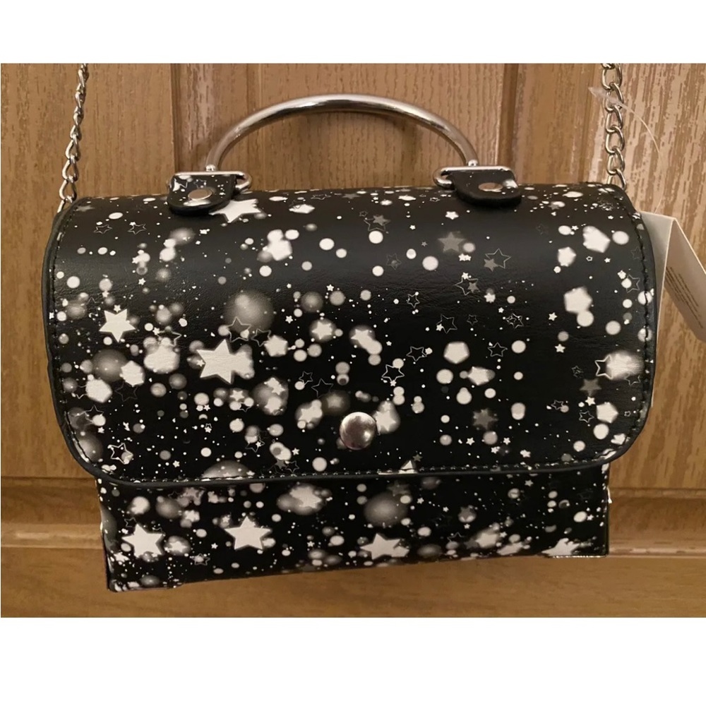 Vegan Small Black Purse w/
Celestial pattern. Crossbody Chain
Strap+Top Handle